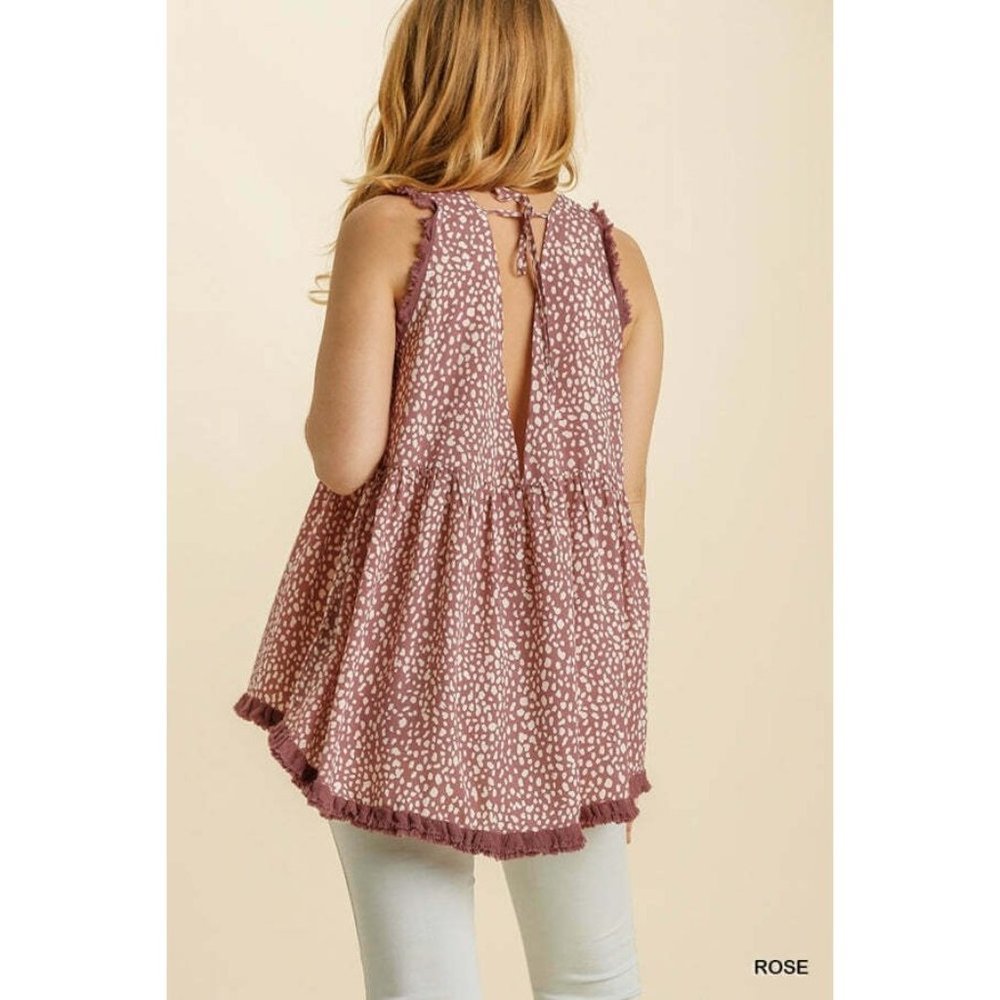 NWT Umgee Rose Animal Print V-Neck Sleeveless Back String Tie & Fringed Top - Picture 4 of 9